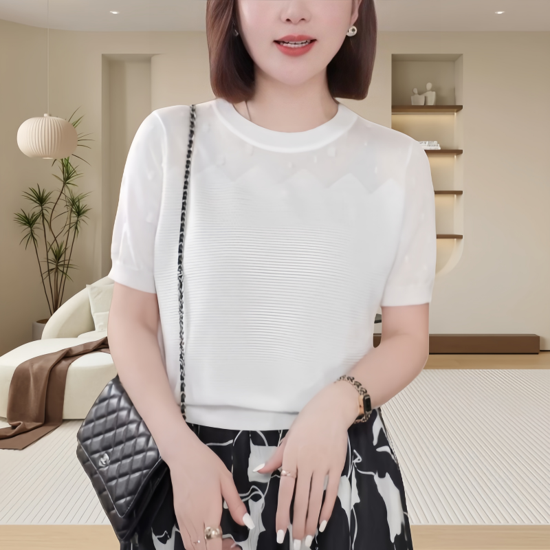 2025年夏季新款洋气精致镂空短袖女减龄百搭显瘦圆领通勤针织上衣
