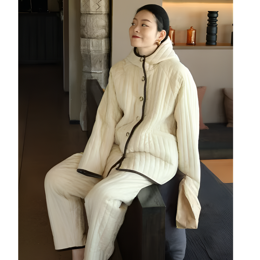 韩版纯色连帽夹棉睡衣女秋冬款加绒保暖休闲情侣家居服套装可外穿