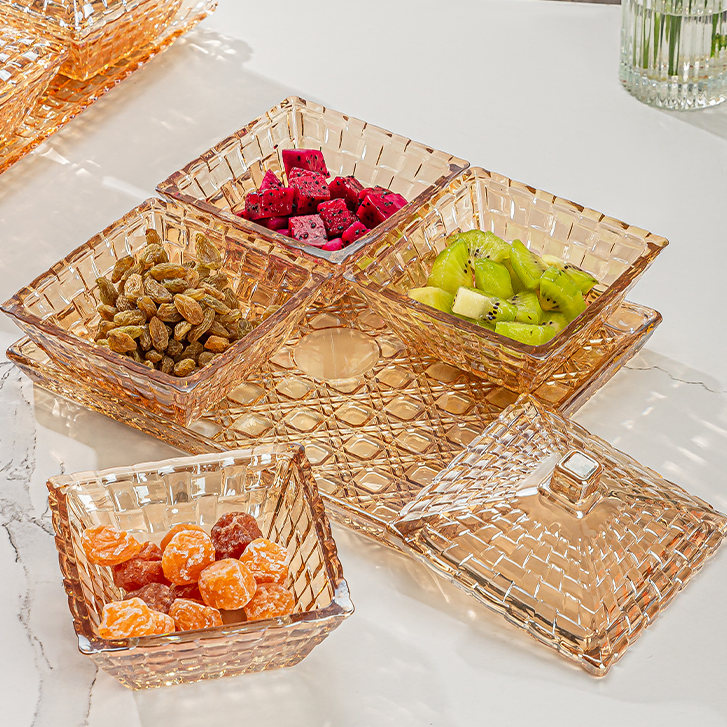 高档轻奢琥珀色水晶玻璃分格带盖水果零食盘托盘客厅大号果盘甜品