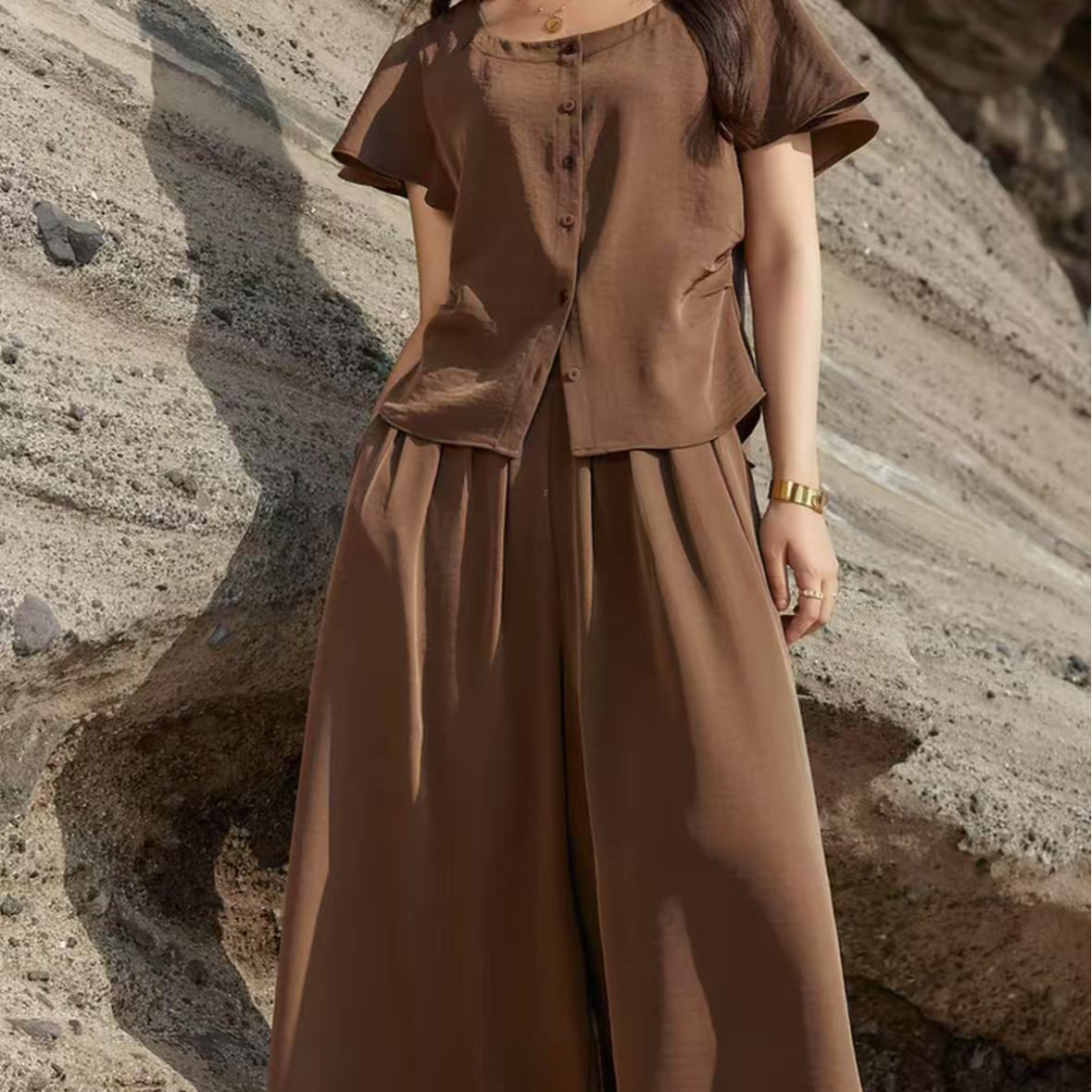 6091【琉璃假日】方领衬衫百搭阔腿裤两件套大码女装胖mm夏新款