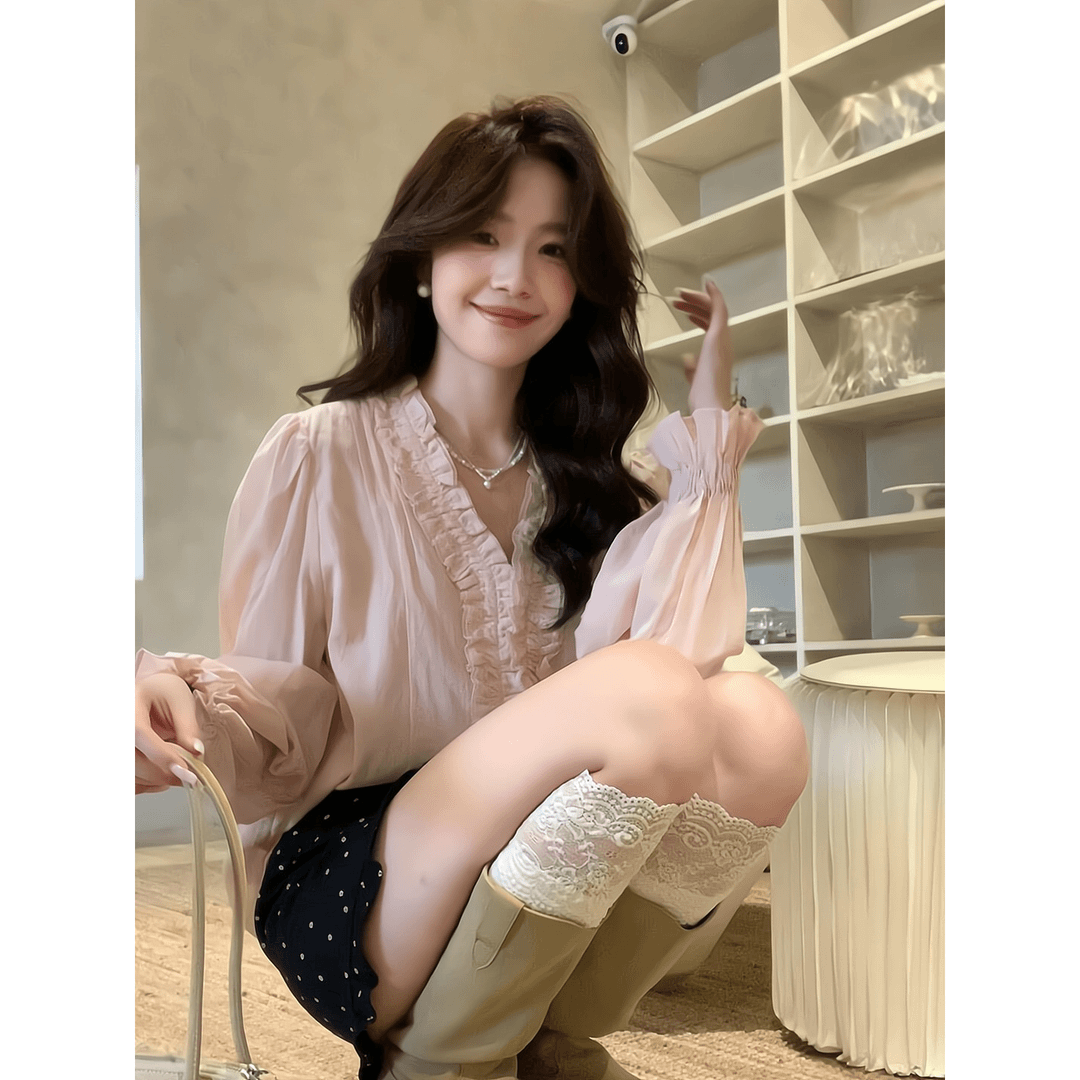 法式甜美木耳边v领长袖衬衫上衣波点木耳边半身裙A字裙包臀裙短裙