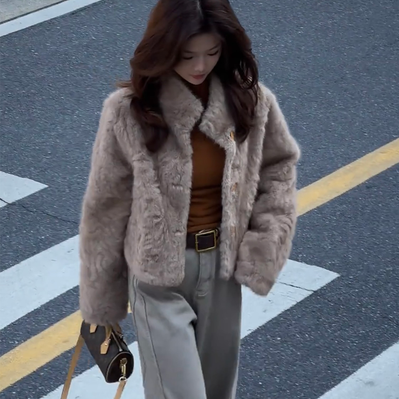 韩系立领毛茸茸短外套女2025冬季新款宽松显瘦加厚保暖仿皮草上衣