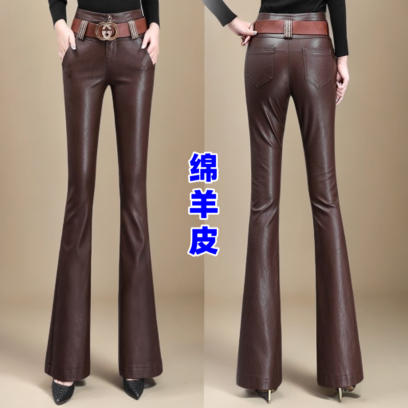 海宁真皮喇叭裤秋冬防风长裤休闲裤弹力微喇叭百搭加高腰显瘦黑色
