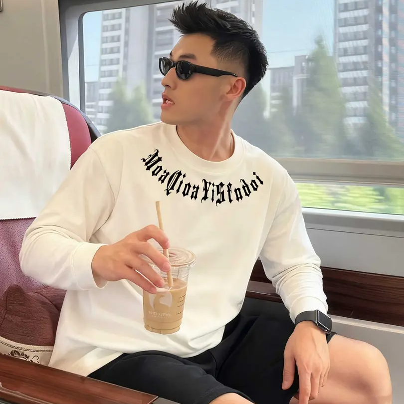 美式潮流圆领纯棉长袖T恤男秋季100%设计感项圈印花宽松打底衫ins