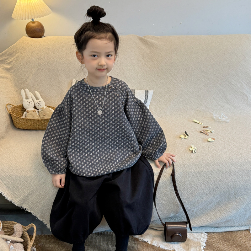 儿童秋季韩版斜襟钉扣复古小花上衣FY138