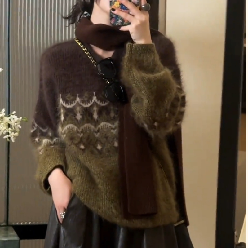 美式复古费尔岛提花圆领套头毛衣秋冬小众叠穿百搭慵懒风针织衫潮