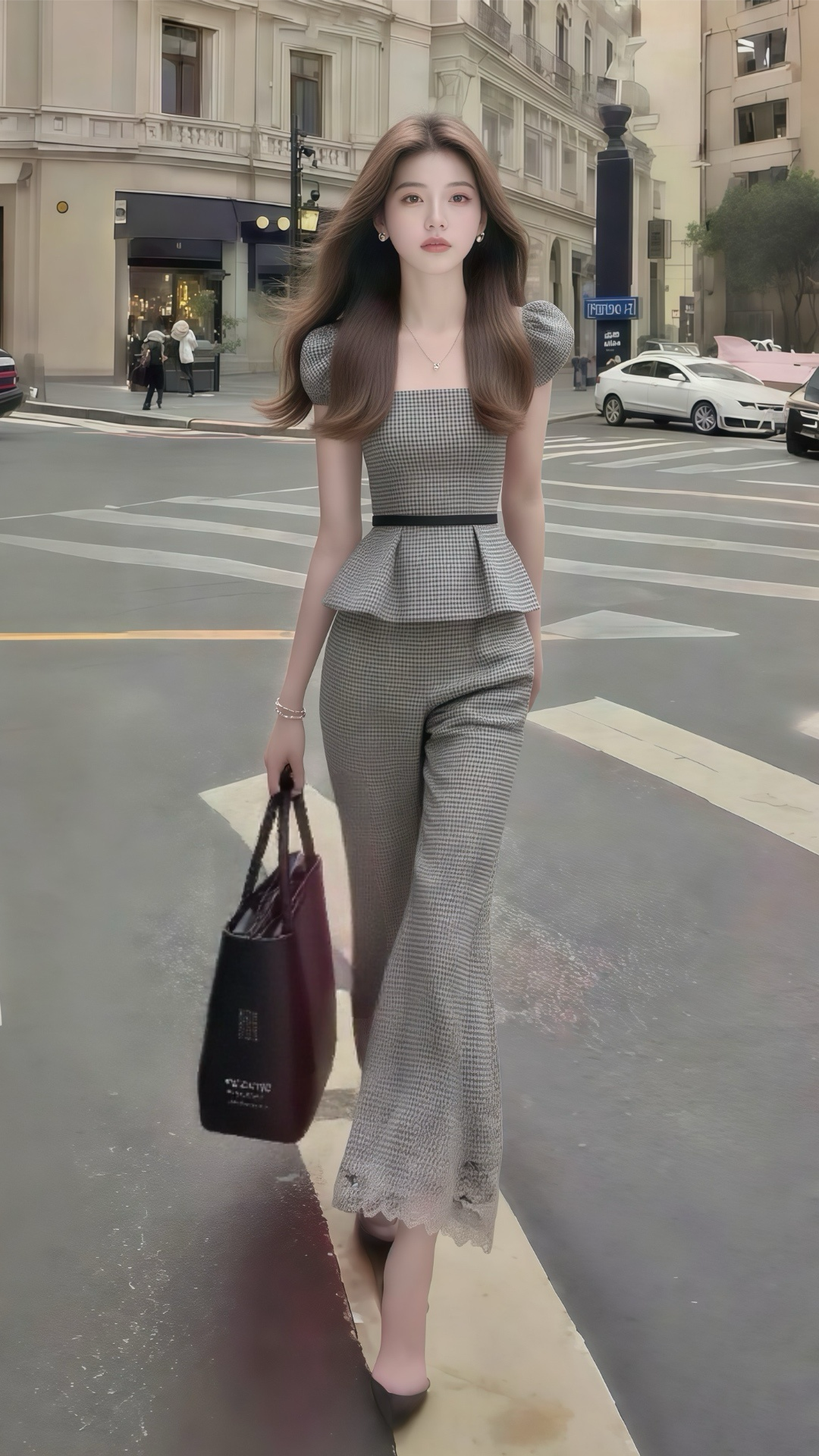 新款时尚高端大气方领修身收腰上衣+百搭显瘦长裤女灰色格子套装