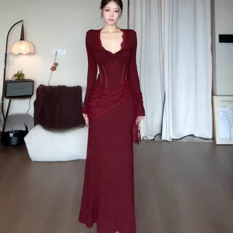 叮叮家【暗枚缠纱】复古V领修身显瘦气质名媛风长袖连衣裙