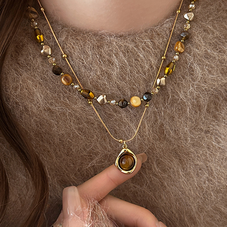 铜合金项链 复古虎眼石串珠项链女轻奢时尚锁骨链气质叠戴毛衣链