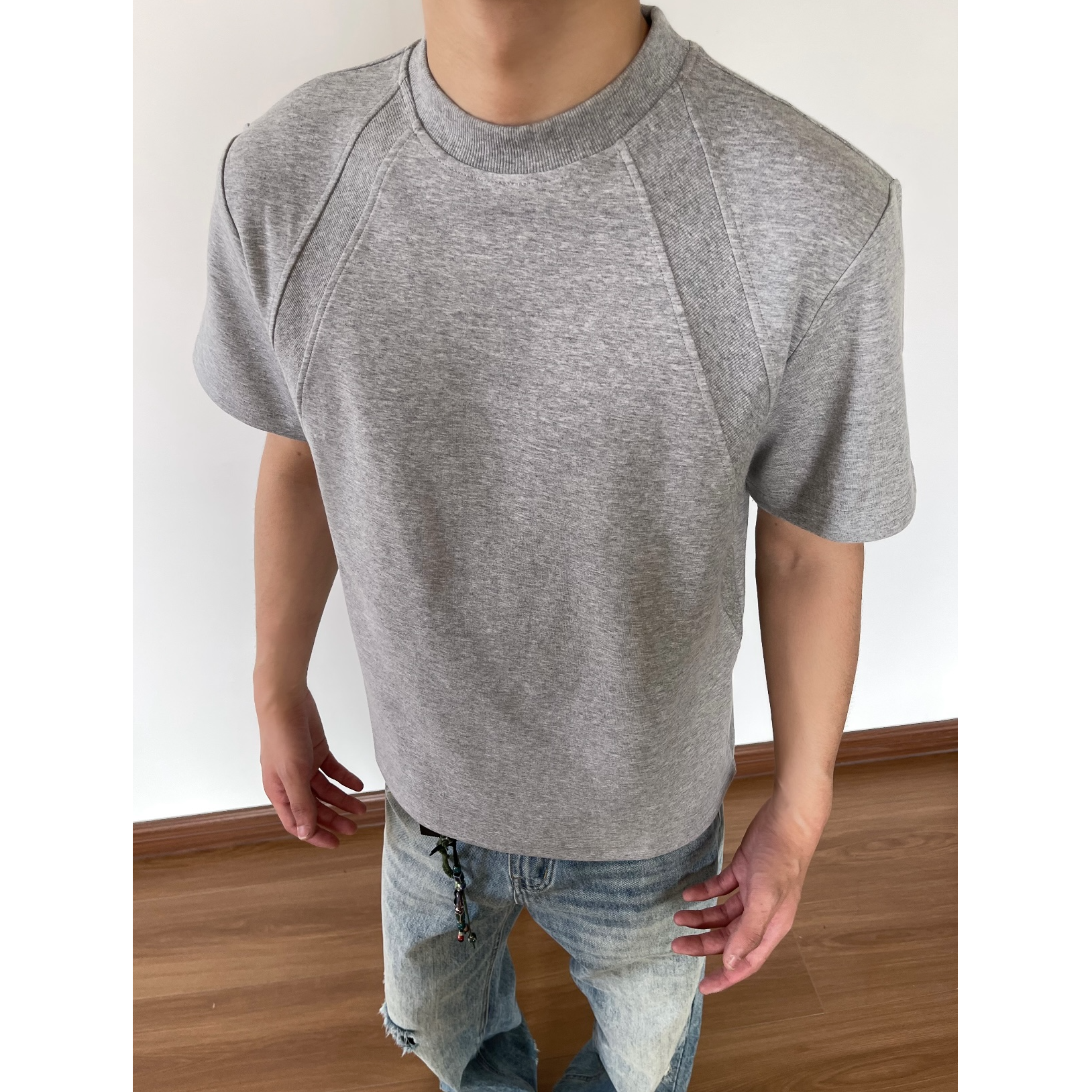 cleanfit空气层拼接boxy短袖男款夏季重磅硬挺t恤美式复古半袖潮