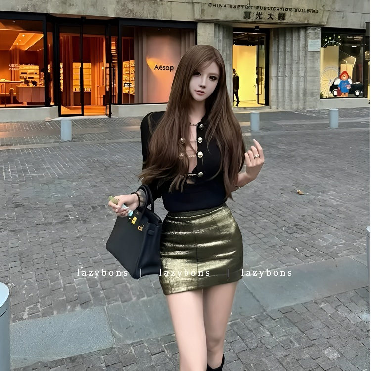 林不晚名媛千金风金扣链条性感长袖上衣辣妹包臀半裙套装