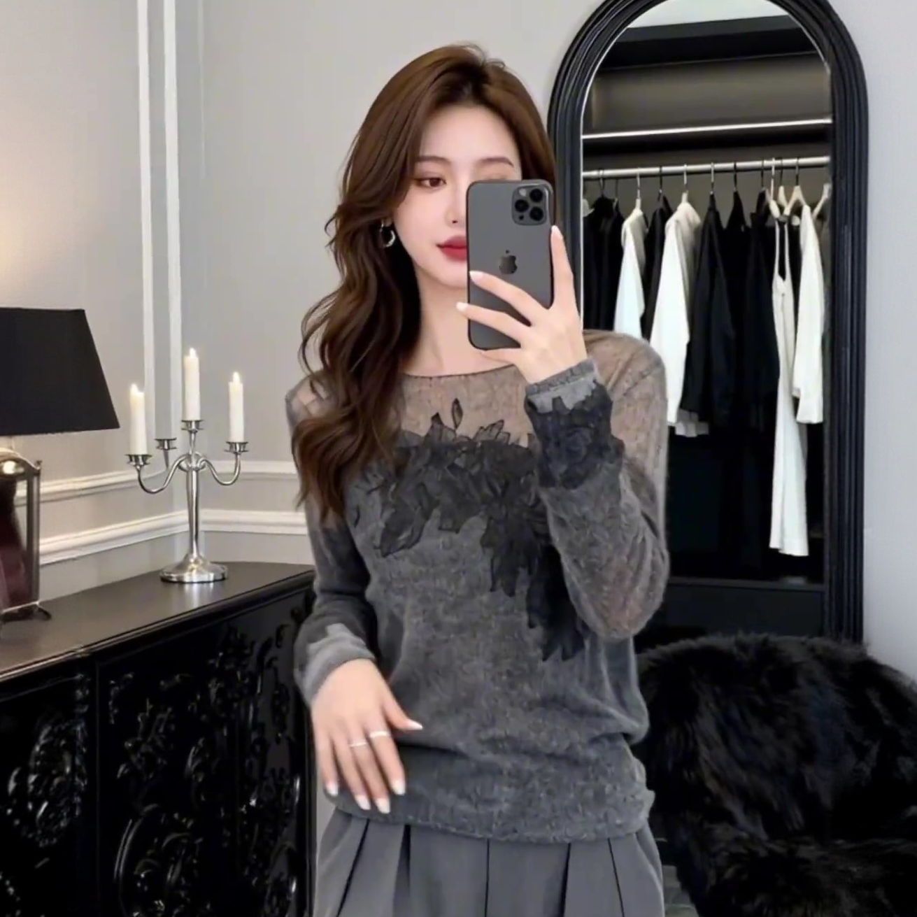 大码韩系chic蕾丝刺绣网纱针织衫秋冬上衣女胖mm显瘦内搭打底毛衣