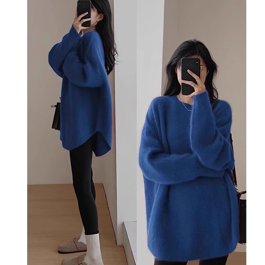 蓝色中长款遮屁股针织衫毛衣慵懒风冬季穿搭鲨鱼裤的搭配上衣女款