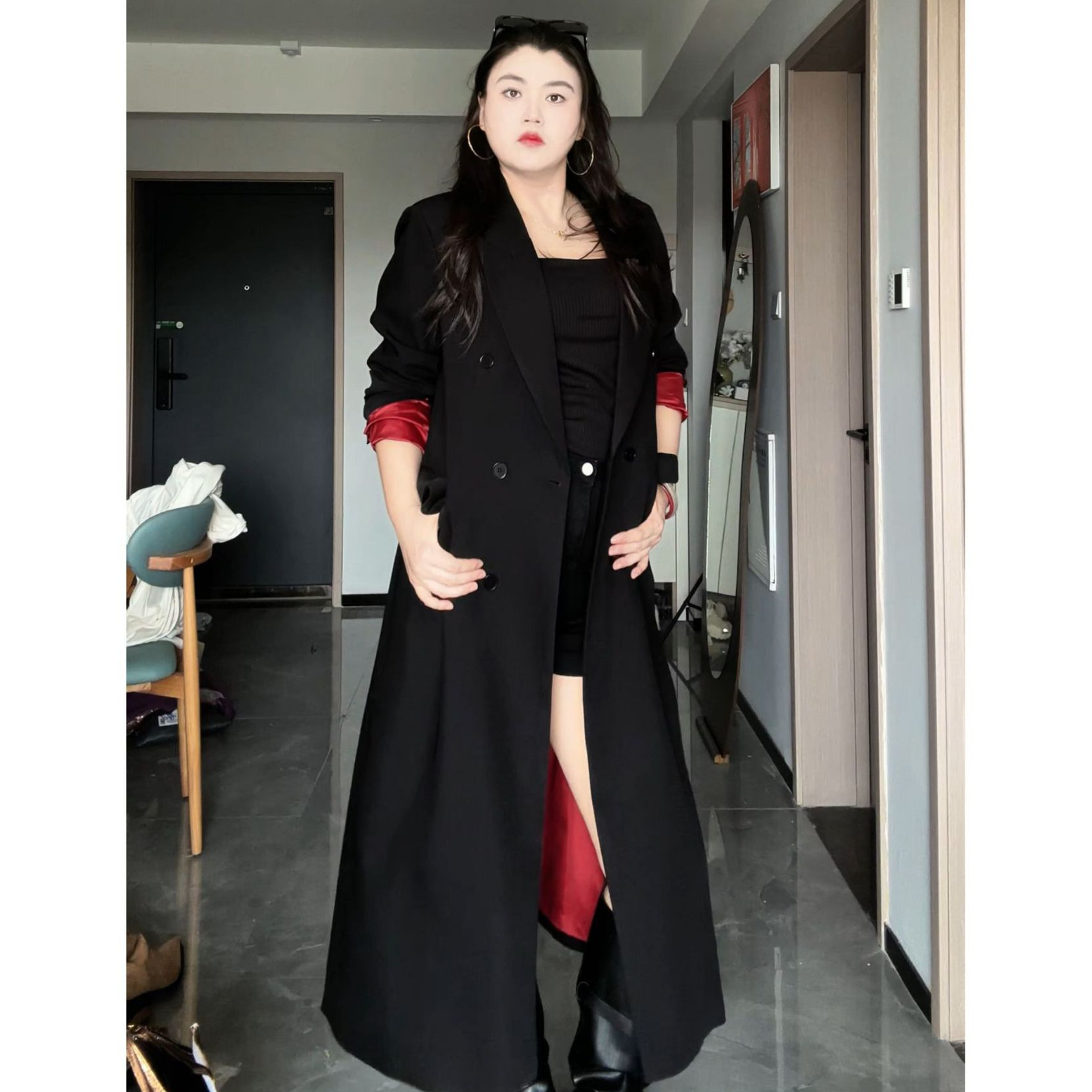 秋季高个子长款黑色风衣外套大码女装胖mm赫本风宽松时尚西装大衣