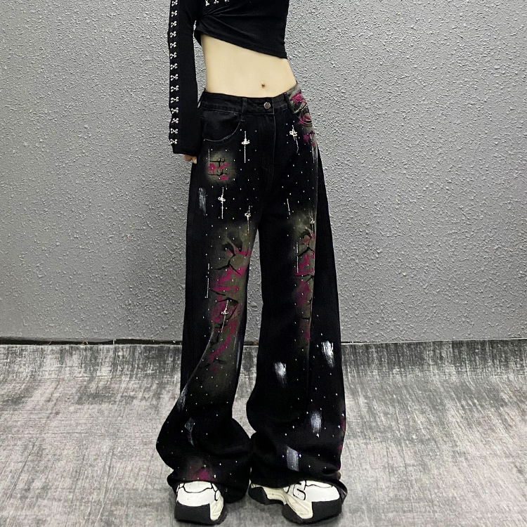 重工烫钻印花休闲牛仔裤女秋新款洋气高腰宽松显瘦百搭直筒阔腿裤