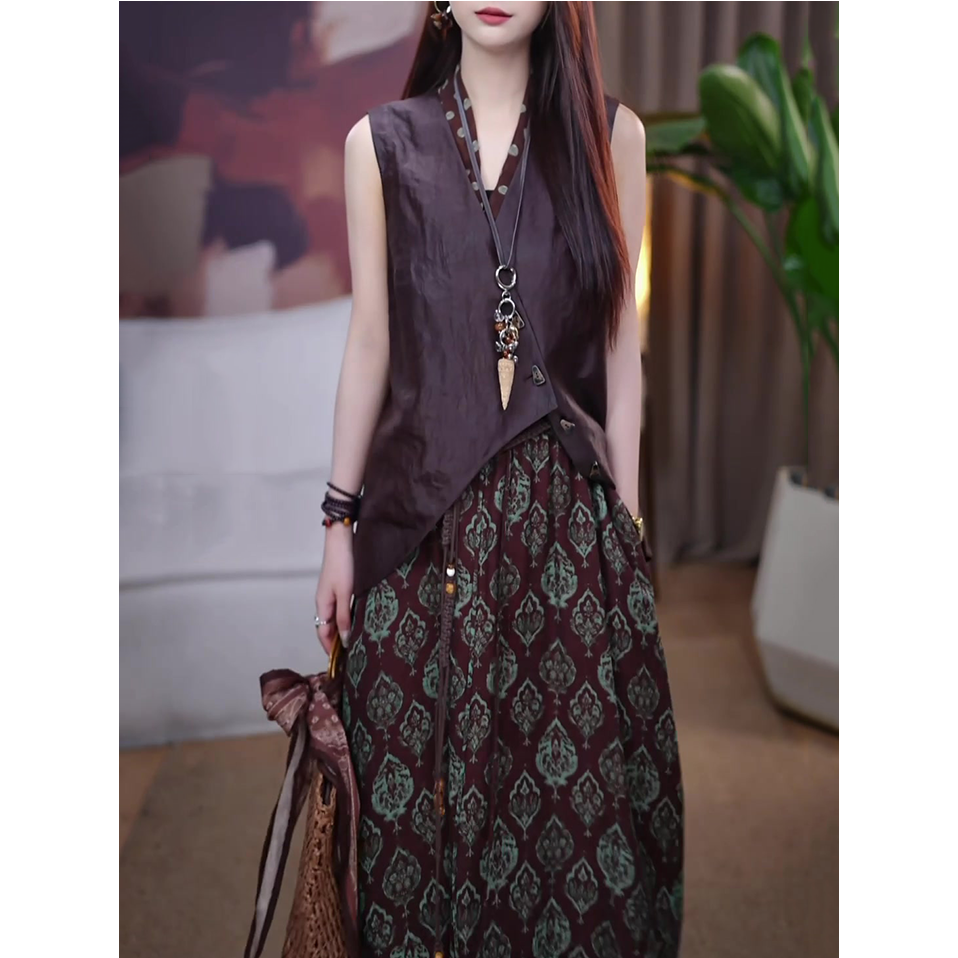 民族风时尚套装女2025夏季新款气质修身显瘦马甲上衣+半裙两件套