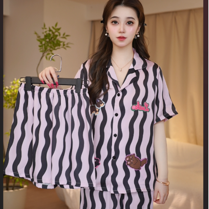 DAVINCIART达芬奇密码条纹小狗短袖三件套夏季大码女士睡衣家居服