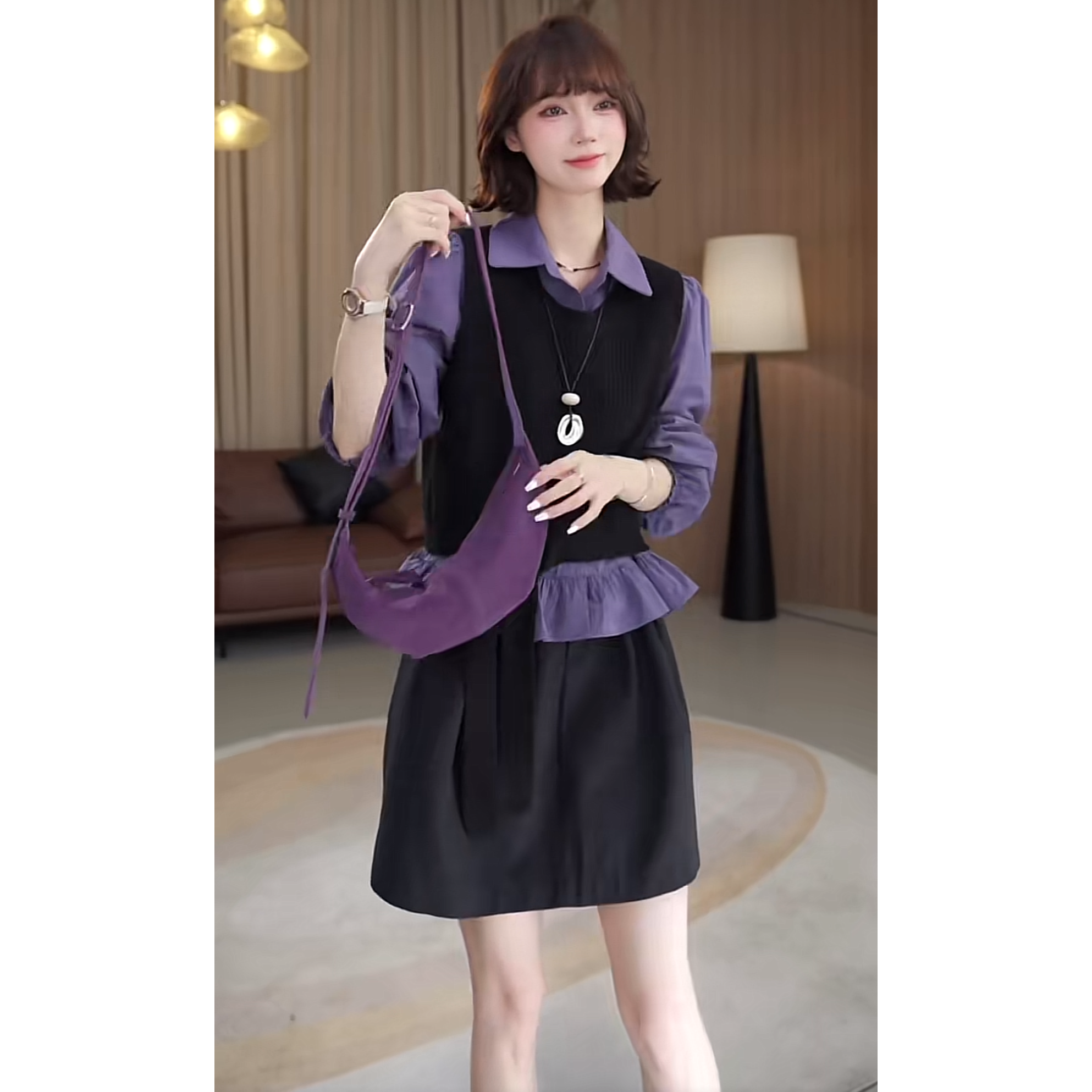 秋季洋气一整套女装2025新款收腰衬衫百搭马甲高腰半身裙三件套潮