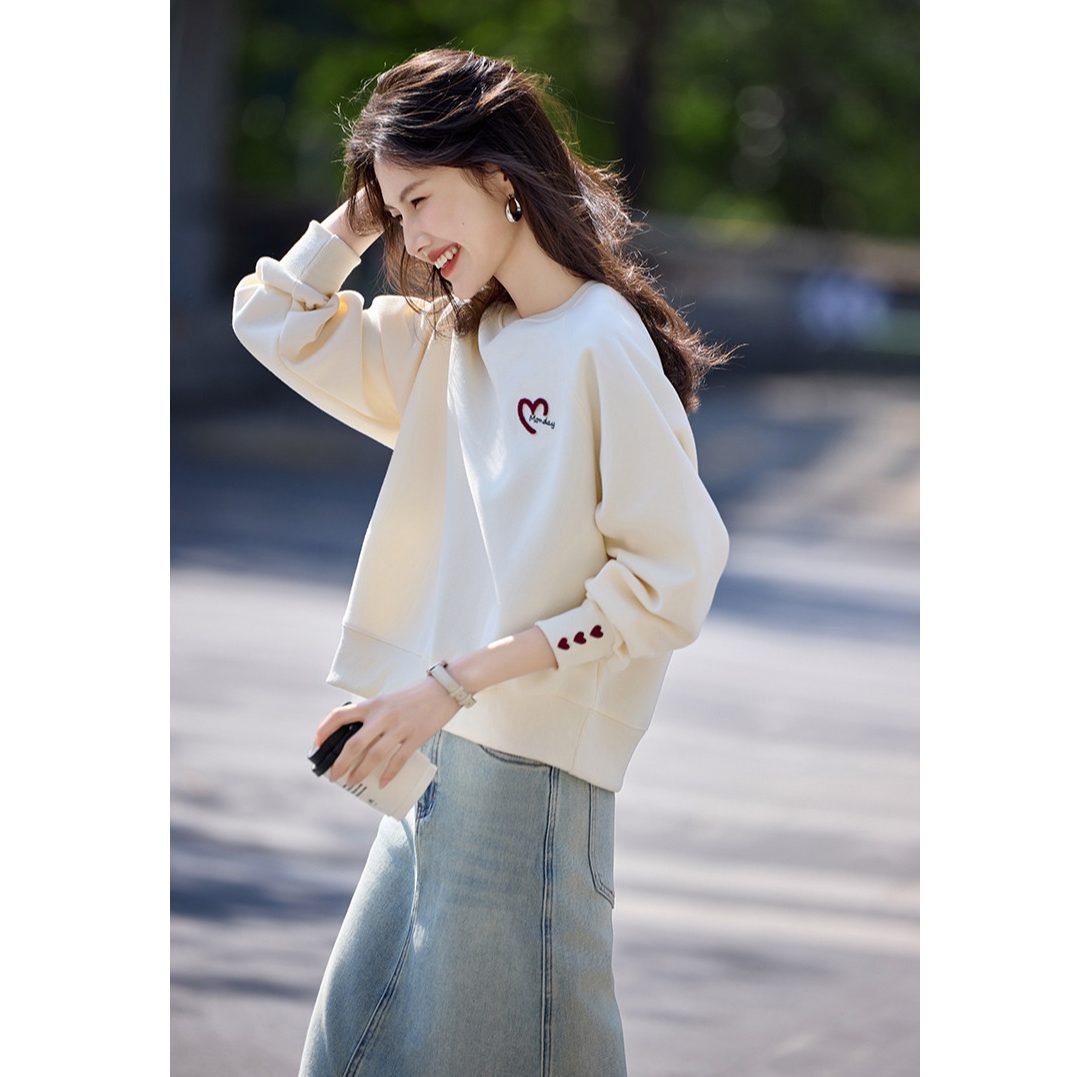 圆领卫衣女春秋冬新款短款宽松慵懒风无帽插肩袖长袖上衣T恤打底