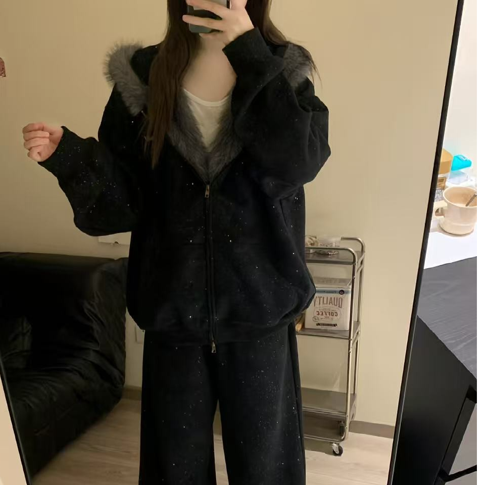 连帽卫衣女秋冬季宽松慵懒风开衫美式满天星毛领兔耳朵加绒套装