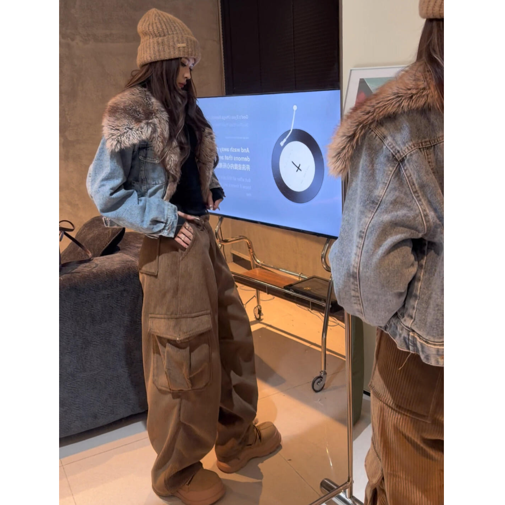 2025秋冬新款美式复古加绒牛仔外套搭配黑色打底灯芯绒休闲裤套装