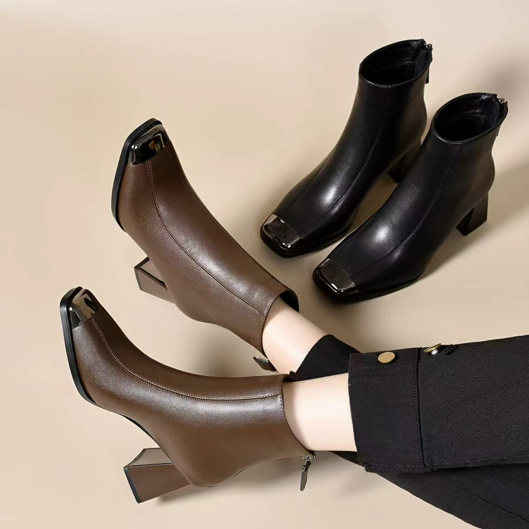 方头短靴加绒瘦瘦靴4公分6公分真牛皮马丁靴棉靴女士裸靴单靴皮靴