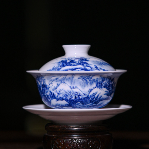 景德镇九段烧九段妙手青花雪景三才盖碗陶瓷青花瓷茶盖碗茶具A6