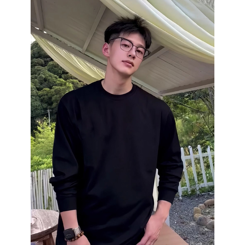 黑色小领口正肩长袖t恤男春秋高级感内搭打底衫重磅硬挺圆领卫衣