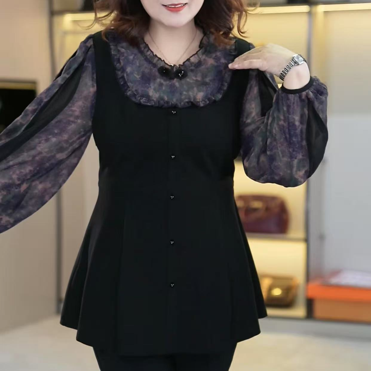 苏兰诺漂亮长袖t恤衫 特大码洋气高级感宽松遮肉显瘦上衣251170