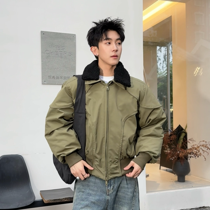 QIUYIDAODI美式廓形解构羊羔毛领外套冬季加厚保暖棉服男款夹克潮