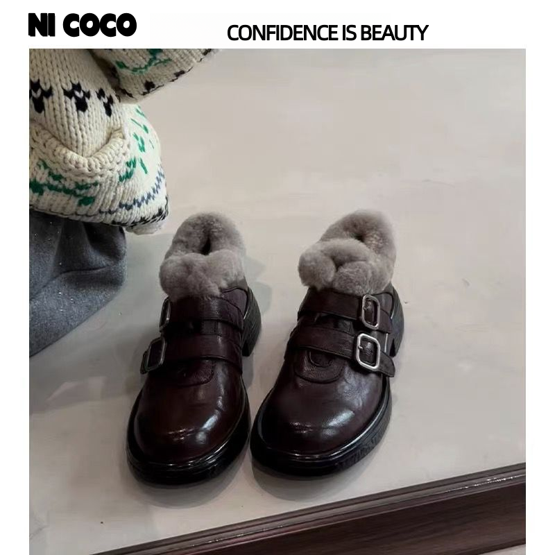 牛皮版~英伦风皮带扣厚底毛毛鞋女复古加绒乐福鞋冬季新款小皮鞋