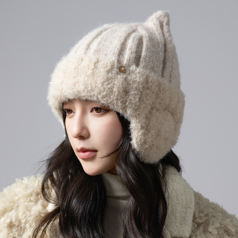 日系猫耳朵毛线帽子女秋冬韩版百搭保暖可爱针织帽加厚护耳套头帽