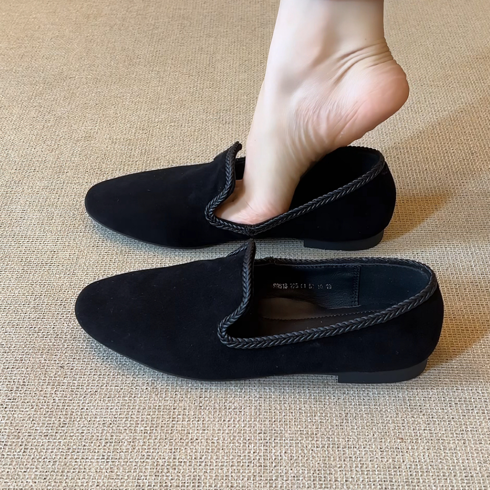 RubyL/1.5cm极简休闲通勤百搭编织带一脚蹬圆头深口平底单鞋女款