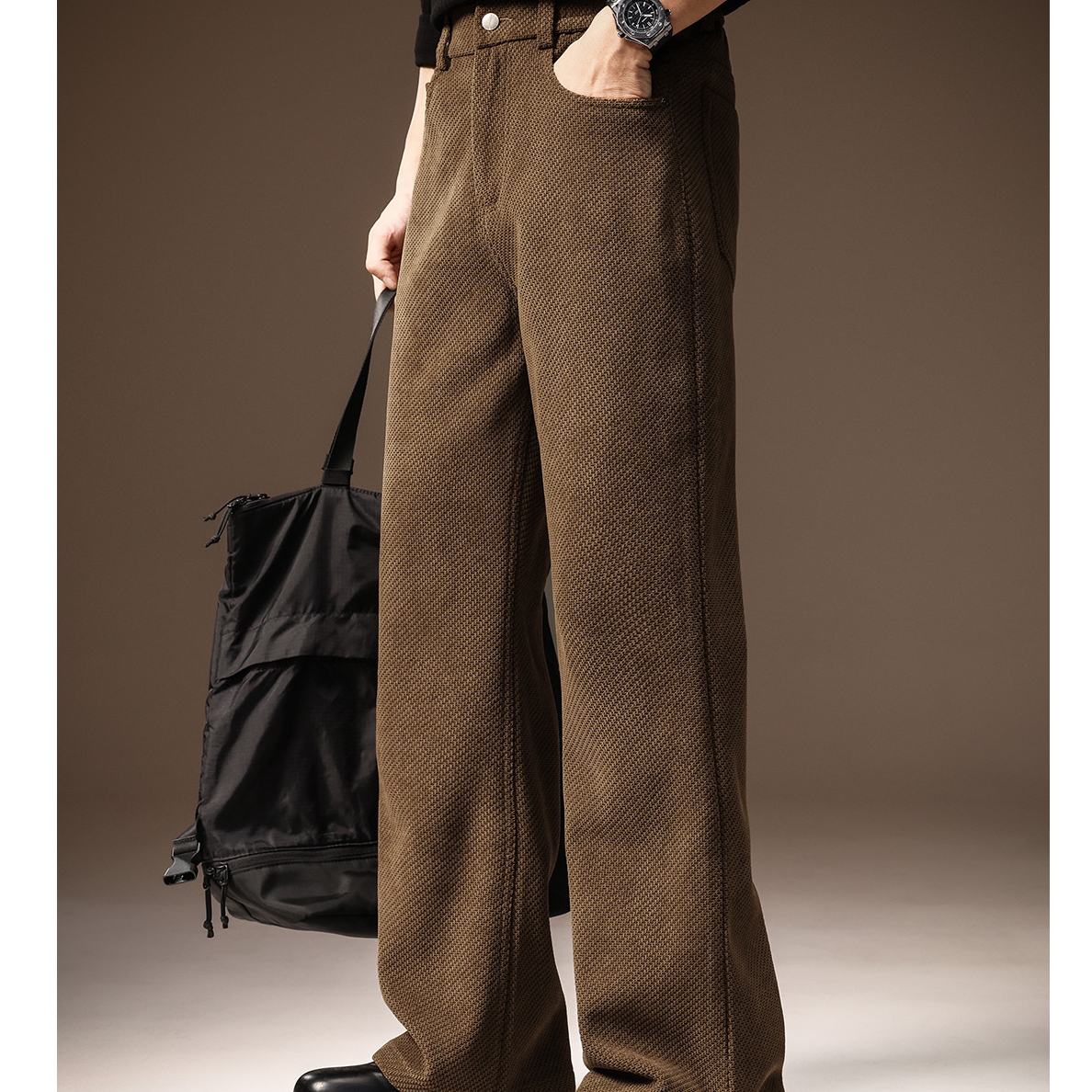 曼德西比利微喇叭休闲裤男士秋冬新款宽松直筒阔腿显瘦垂感工装裤