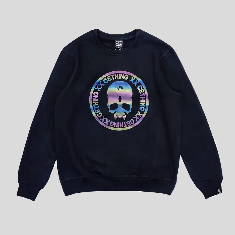 美式复古休闲长袖vs套头卫衣男3M反光骷髅头圆领秋冬加绒潮牌外套