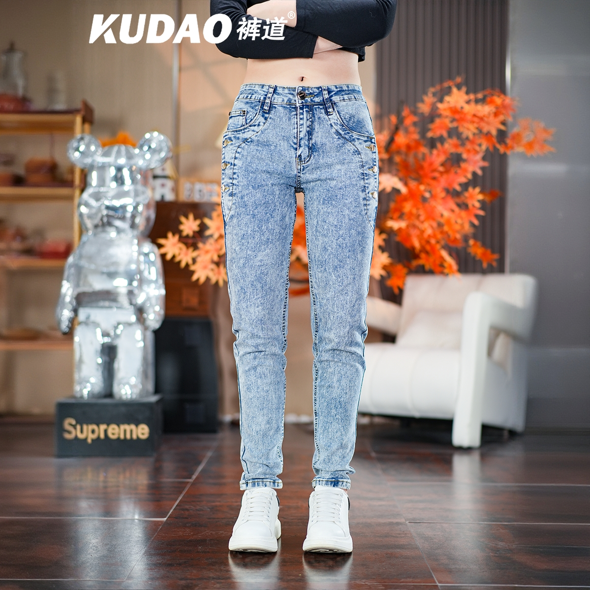 裤道KUDAO白雪花牛仔裤潮男秋冬修身蓝牛时尚长裤显高小脚裤