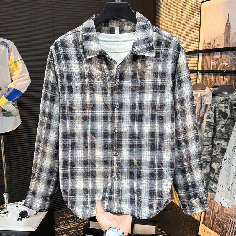 春季男款格子衬衫长袖男士复古春秋季新款潮流时尚帅气衬衣外套潮