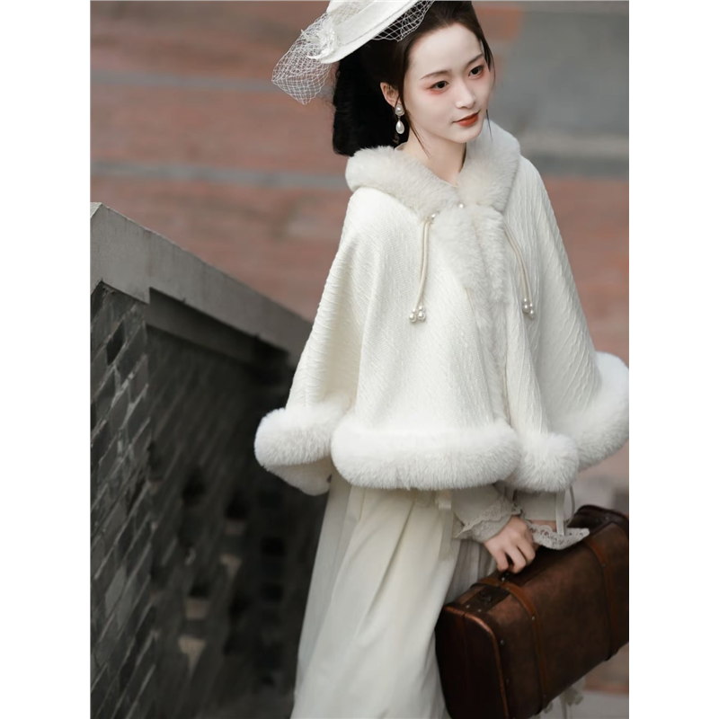 温柔风加厚斗篷披肩配旗袍秋冬文艺百搭保暖毛领加绒中式国风外搭