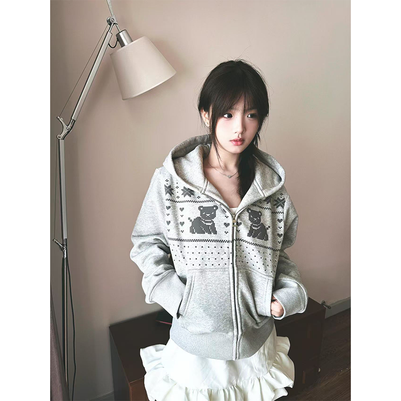 日系甜美风小熊连帽卫衣女秋冬季休闲百搭短款加绒加厚开衫外套女