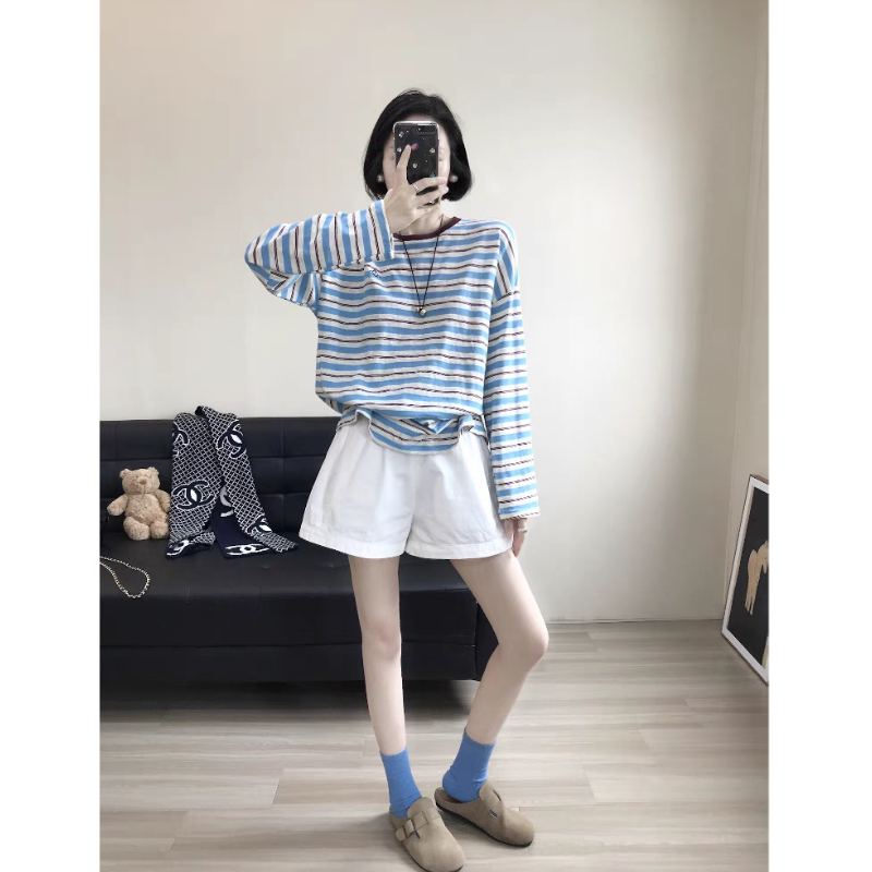 四季青柔软舒适透气撞色条纹长袖T恤女秋季宽松显瘦百搭打底上衣