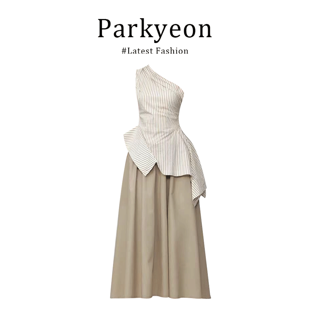 parkyeon高级感简约不规则斜肩条纹吊带上衣女高腰A字伞裙两件套