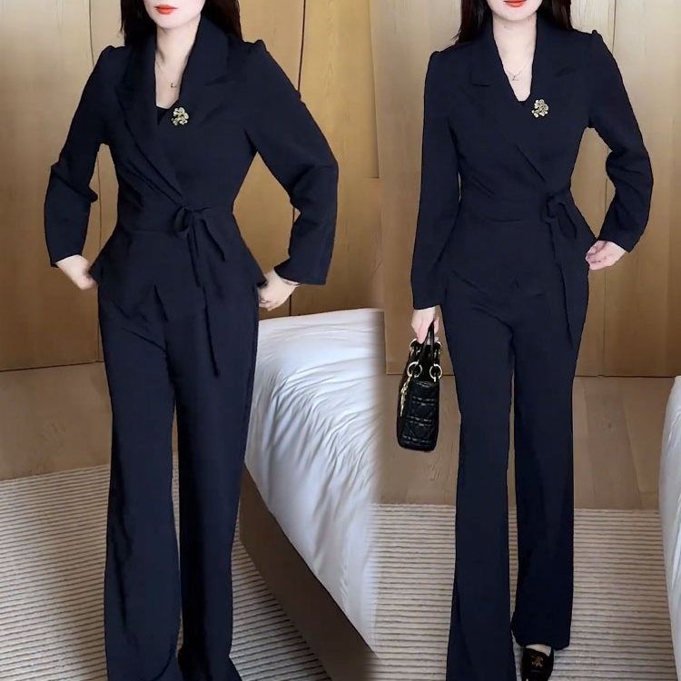 时尚套装女2025秋季新款时髦网红系带西服外套阔腿裤气质两件套潮