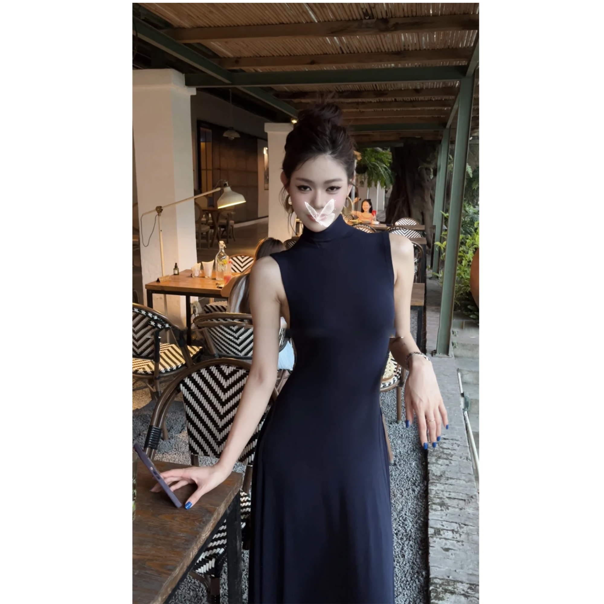 优秀的金蘑菇迈雅复古莲花新中式感高领无袖质感简约高雅连衣长裙