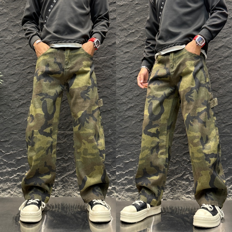 秋冬男款中腰复古长裤爆款牛仔裤迷彩美式宽松直筒型常规款休闲裤
