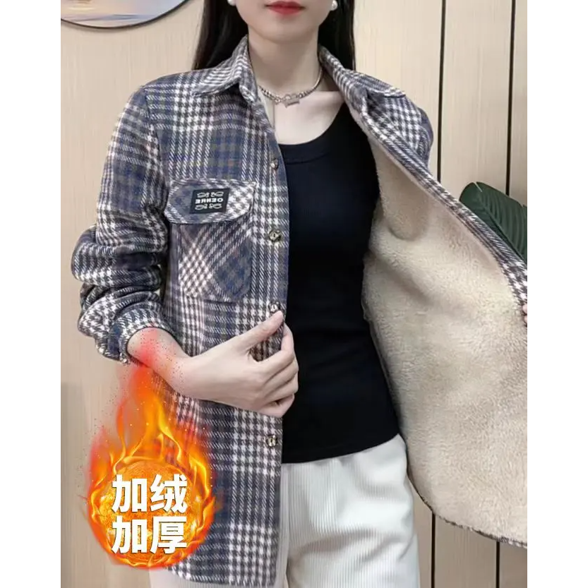 工厂直销 特厚加绒格子衬衫女加厚格子衬衣秋冬宽松显瘦保暖外套