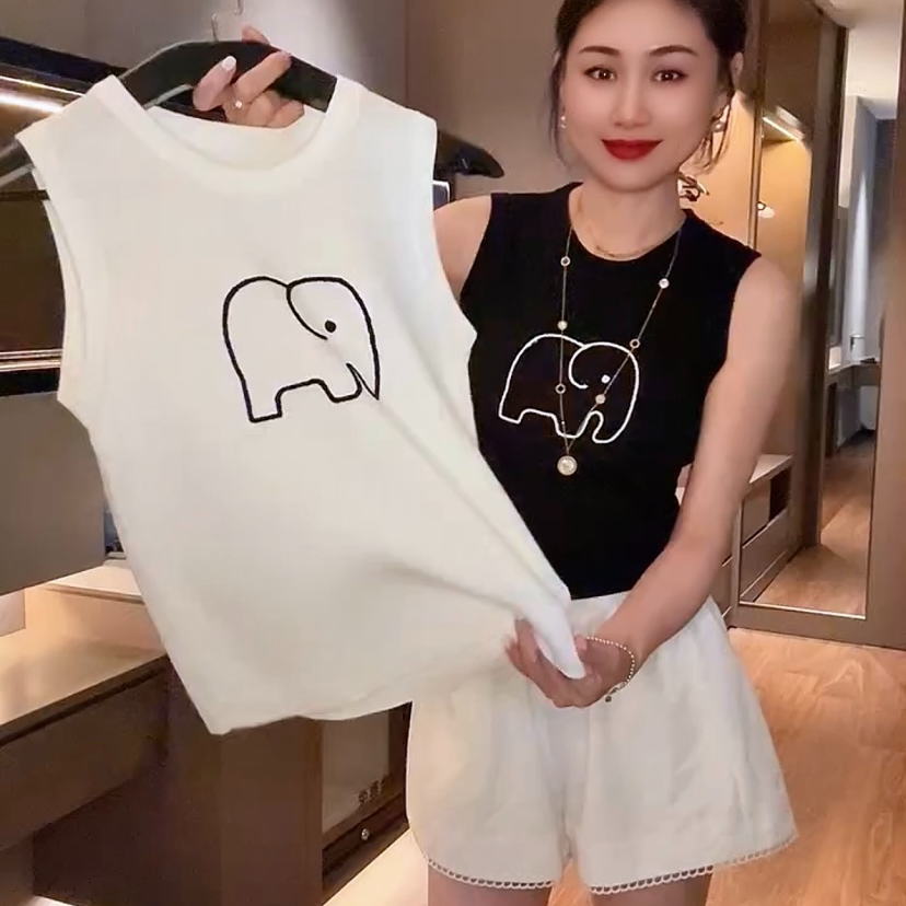 夏季新款小象刺绣背心无袖针织衫甜辣吊带别致短款上衣女坎肩外穿