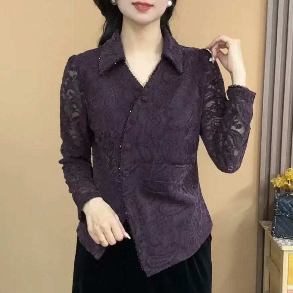 秋季新款翻领长袖蕾丝衬衫领开衫气质显瘦百搭女人味上衣洋气减龄