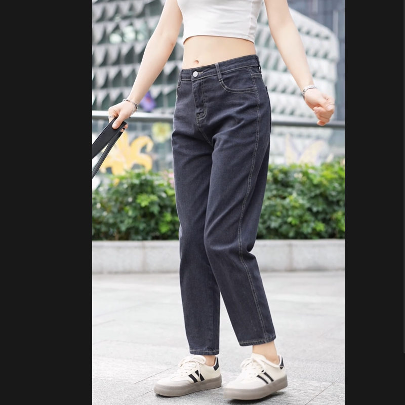 胖妹妹高腰哈伦小脚大码弹力牛仔裤女小个子微宽松显瘦九分老爹裤