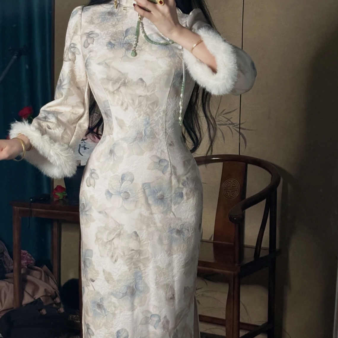 LHMknk1画报夫人原创自制秋冬温柔优雅厚款倒大袖旗袍 厚款蓝茶