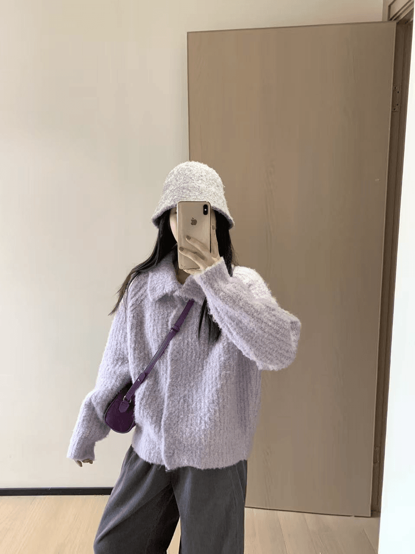 2025韩系紫色高领毛衣外套女秋冬冬季软糯外穿宽松慵懒风针织开衫